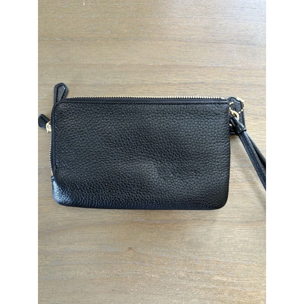 Coach Black Double Zip Wristlet Wallet Strap Logo Gold Zippers Pebbled Leather